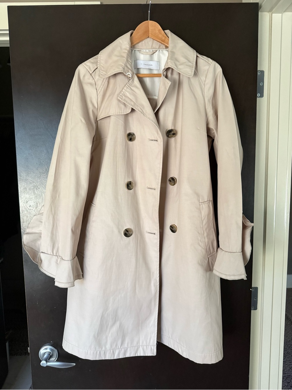T Tahari Light Beige Double-Breasted Trench Coat